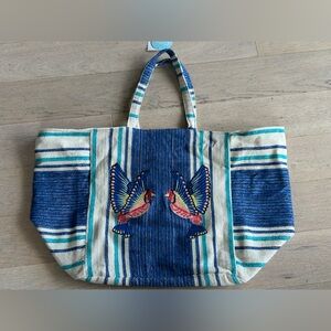 Aphorism Blue & Cream Striped Embroidered Bird Tote Bag 100 percent cotton. NWT